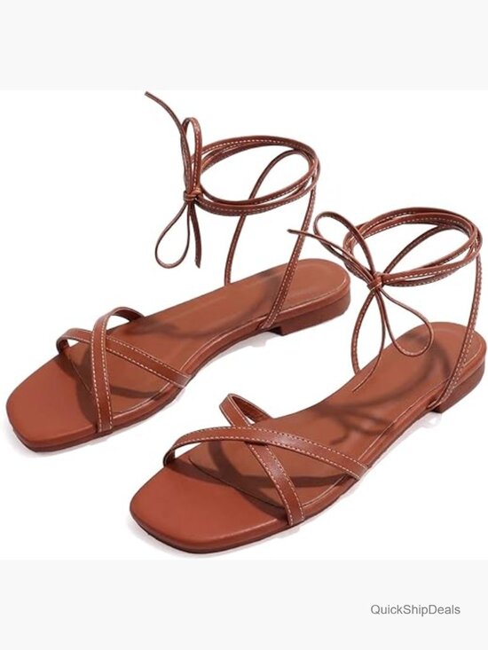 Shoes - Leather Strappy Flat Sandals Square Toe Lace Up Slides